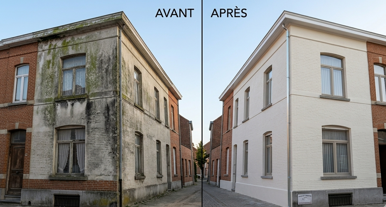 Avant-après d'une rénovation complète de façade en Wallonie par L.W. Renovatie — démoussage, nettoyage et peinture extérieure
