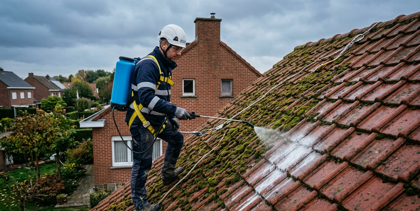 Artisan couvreur L.W. Renovatie en harnais de sécurité démousse une toiture en tuiles rouges dans le Hainaut belge, pulvérisation antimousse Dalep 2100
