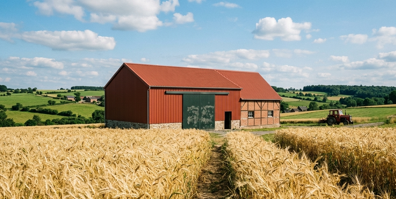 Hangar agricole entièrement rénové et repeint en rouge par L.W. Renovatie dans le Hainaut belge, vue avec champ de blé en premier plan