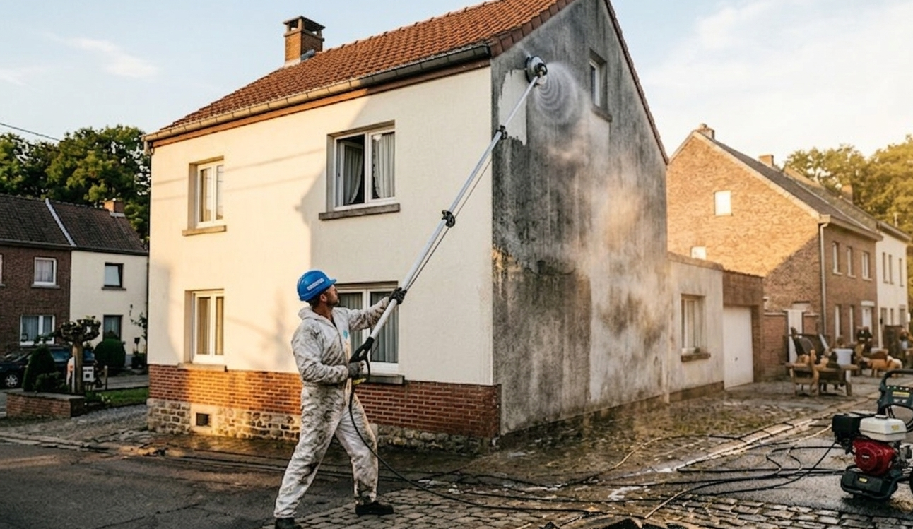 Nettoyage haute pression Kärcher d'une façade noircie en village wallon par L.W. Renovatie